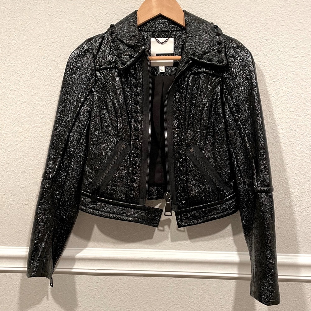 Tracy Reese- Maxwell - Moto Studded Patent Black Jacket-  Size XS